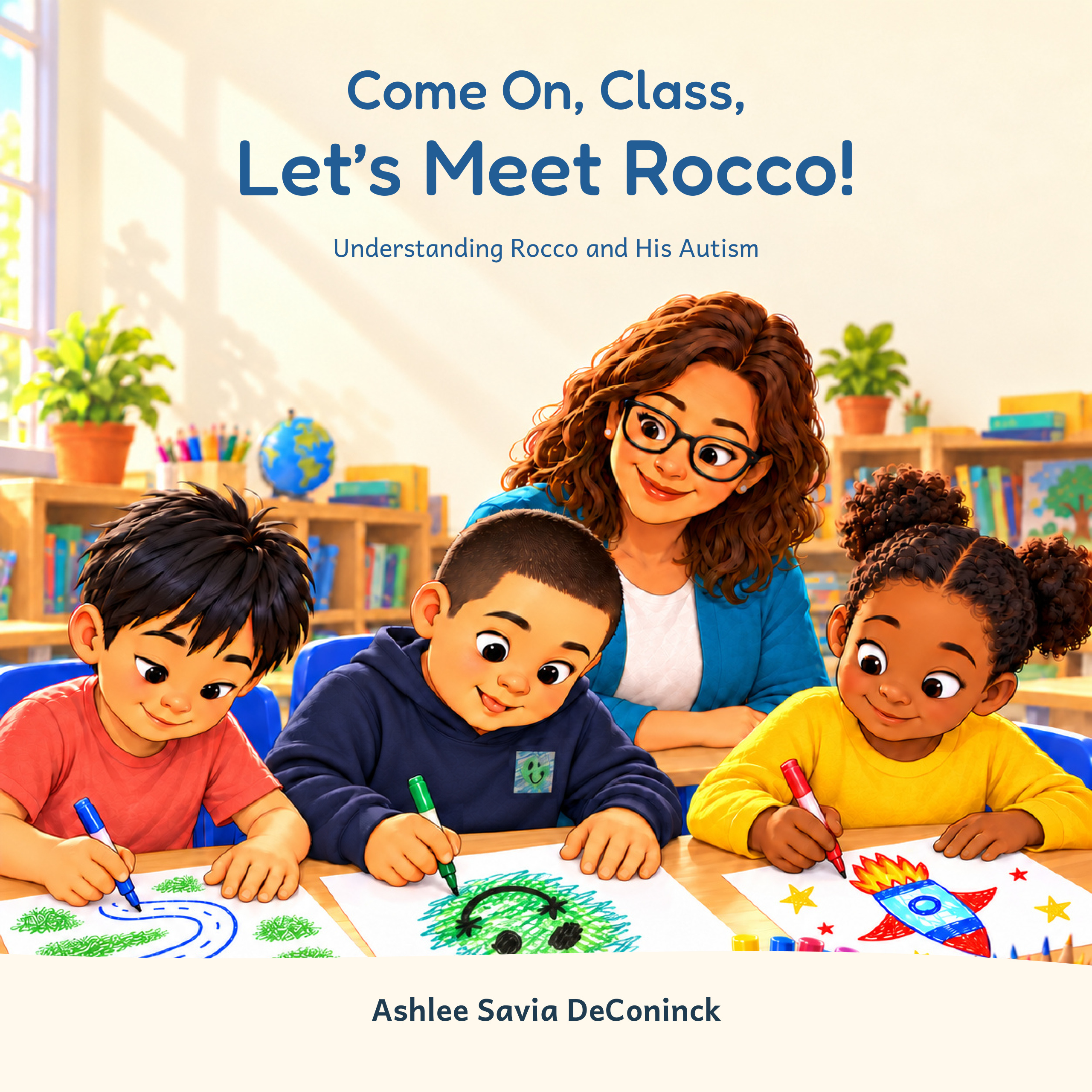 Cover of Come On, Class, Let’s Meet Rocco! by Ashlee Savia DeConinck. Rocco and his classmates draw together at a classroom table.